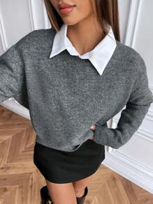 SHEIN Unity Áo len dệt kim cổ tròn tay dài màu trơn Slouchy Áo len chui đầu thu đông - Màu xám đen - Xem 4