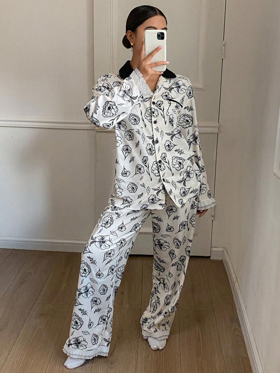 DAZY Women Floral Line Sketch Print Contrasting Collar Long Sleeve Button Front Top And Pants Pajama Set - Khaki - View 1