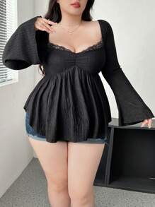 Flirla Plus Size Women's Fitted Contrast Lace Flared Sleeve T-Shirt, Fashion Textured Knit Top Fall Cloth For Women - Black - View 5