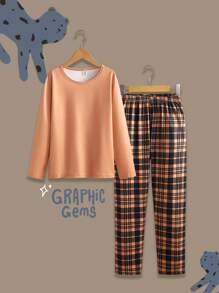 Conjunto de pijama de niño preadolescente con Top de cuello redondo de manga larga de unicolor y pantalones a cuadros, retardante de llamas - Multicolor - Ver 1