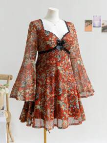 Soleia Blusa con cuello en V, mangas de campana de malla y lazo en talla grande para mujer, con estampado floral vintage en rojo y marrón