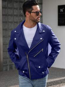 Manfinity LEGND Men's Solid Color Long Sleeve Casual Motorcycle Jacket For Autumn - Blue - View 1