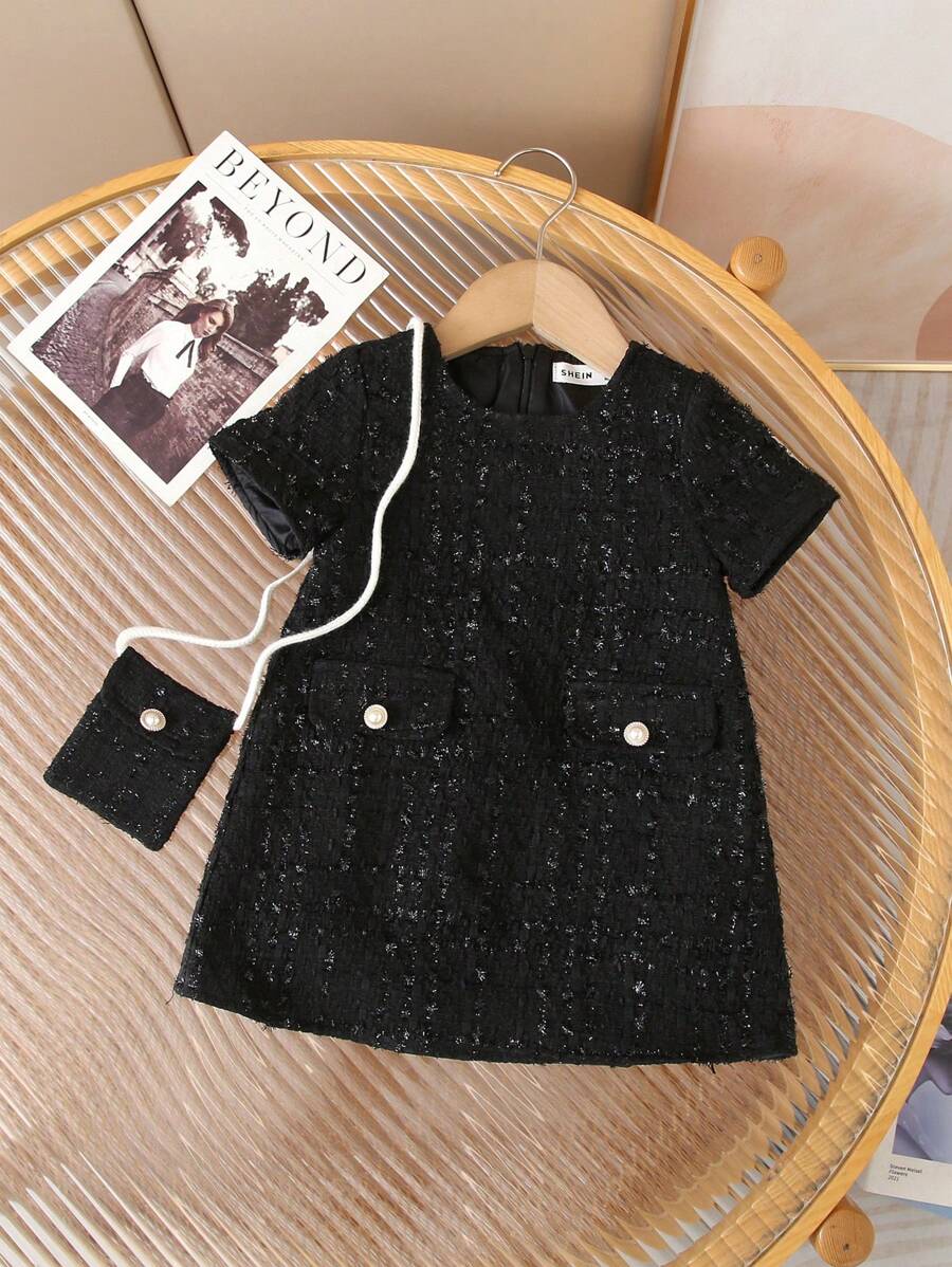 Babygirl Summer Cute Short Sleeve Tweed Texture Fabric Dress & Crossbody Bag Set Toddler Dress Black Black Baby Girl Dress With Bag Baby Girls Black Elegant Dress Black Outfit For Girls 2 To 3 Years Old Black Dress For Babygirl - Black - View 1