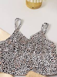 Tween Girls Autumn/Winter Woven Leopard Print French Retro Champagne Gold Satin Camisole 3-Piece Pajama Set With Camisole And Pants - Champagne - View 5