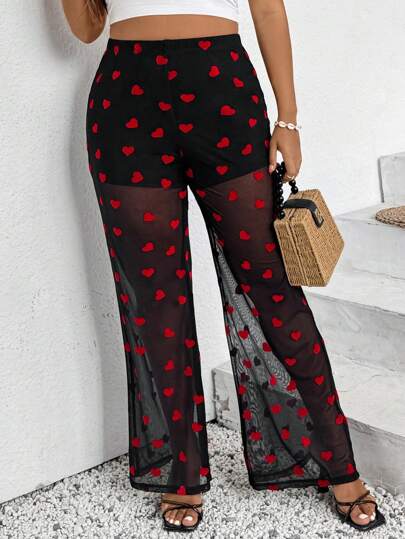 SHEIN X Garcia Sisters SHEIN VCAY Plus Size Casual Heart Pattern See-Through Mesh Pants