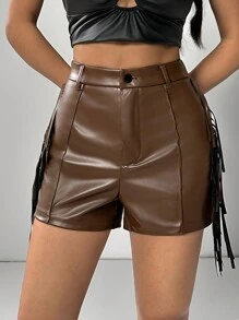 SHEIN PETITE 女款時尚純色流蘇裝飾修身短褲，秋季，小碼女款 - 咖啡棕 - 查看 5