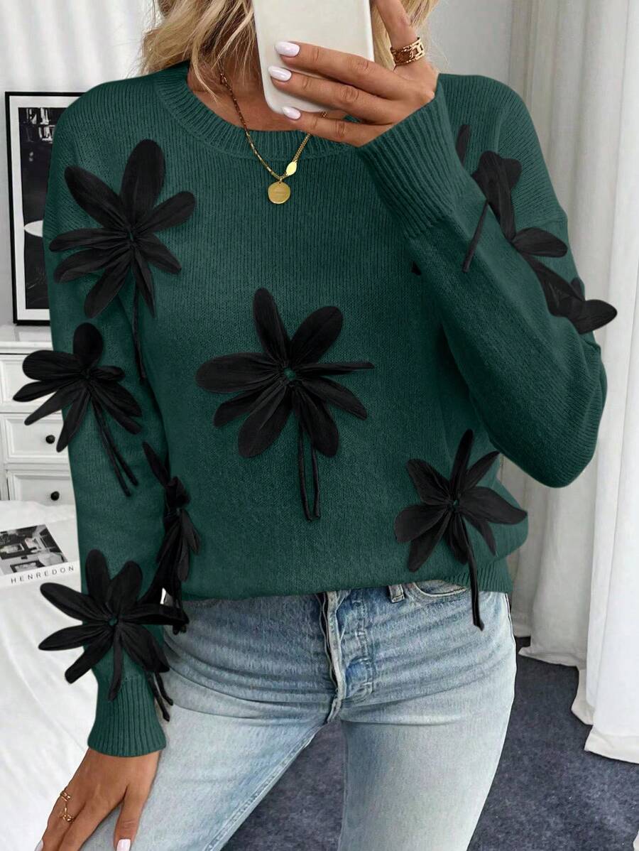 SHEIN Unity Elegante suéter decorativo de punto con flores 3D, otoño/invierno - Verde Oscuro - Ver 1