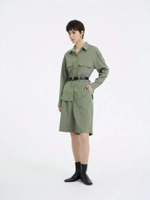 SHEIN LUNE Women's Casual Solid Color Set, Long Sleeve Shirt & Shorts, Suitable For Spring/Summer Fall Cloth For Women - Army Green - View 3