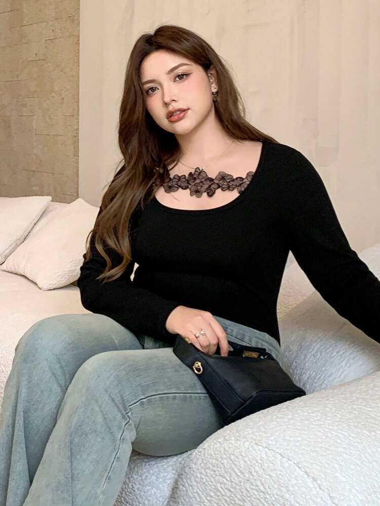 Dazy Petite Plus Lace Patchwork Solid Color Round Neck Fitted Long Sleeve T-Shirt, Black, Spring/Summer/Autumn,Fall Women Clothes