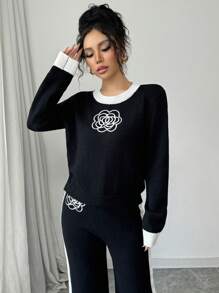 Elenzga Damski sweter w jednolitym kolorze z patchworkowym wzorem i okrągłym dekoltem i długim rękawem