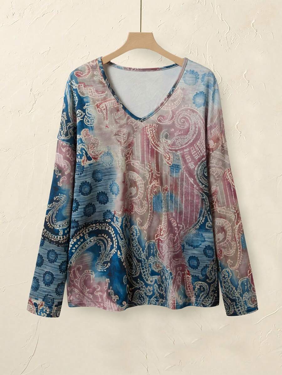 EMERY ROSE Women's Autumn V-Neck Tie Dye Vintage Loose Batwing Long Sleeve T-Shirt