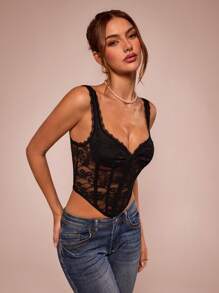 SHEIN BAE Fancy Lace Patchwork Corset Seam And Asymmetrical Hemline Cami Top