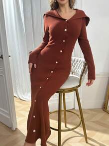 Modelyn Women Elegant Oversized Collar V-Neck Fitted Pearl Button Bodycon Sweater Dress Fall Cloth For Women