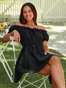 SHEIN VCAY Women's Elegant Off Shoulder Ruffles Waisted Summer Beach Women Dress,Summer Dress,Mini Dress,Romantic,For Summer Vacation,Women Summer Clothing
