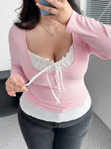 Vibekara Camiseta de manga larga con lazo de talla grande para mujer, camisetas gráficas de mujer para primavera y otoño, tops para atuendos primaverales