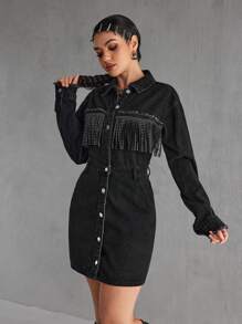 SHEIN PETITE Women's Autumn Splicing Fringe Long Sleeve Single-Breasted Casual Denim Dress - Black - View 3