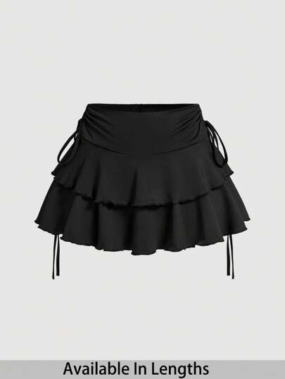 SHEIN PETITE CURVE Drawstring And Fold Detail Solid Color Cake Skirt For Summer, Black Skirt, Valentines Gifts