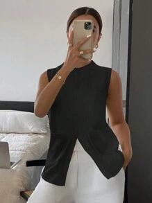 SHEIN Frenchy 女士纯色前扣无袖休闲针织毛衣背心