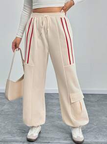 Calvaya Plus Size Effen Kleur Losse Casual Taille Trekkoord Patchwork Gestreepte Cargo Joggingbroek