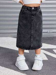 SHEIN Falda vaquera negra básica estilo Y2K para niñas jóvenes, conjunto cool/atuendo de Acción de Gracias para niñas, ropa de otoño e invierno para niñas