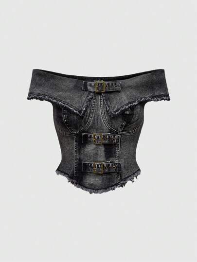 Grunge Punk Retro Sexy Cowgirl Off-Shoulder Tight Cropped Denim Top For Women