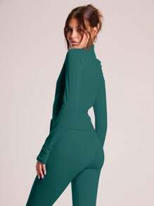 Musera Sport Full Zip Slinky High Neck Long Sleeve Fitted Top Jacket , Padel, Tennis, Pickleball Gym Fitness Winter - Dark Green - View 5