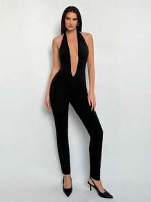 SHEIN Tall Mono ajustado negro con escote en V profundo y espalda descubierta para fiestas y salir, estilo Y2K para mujeres - Negro - Ver 1