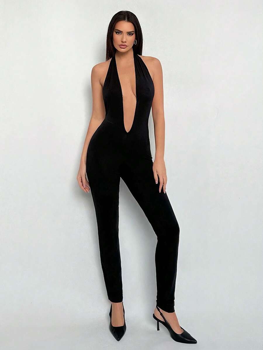 SHEIN Tall Mono ajustado negro con escote en V profundo y espalda descubierta para fiestas y salir, estilo Y2K para mujeres - Negro - Ver 1