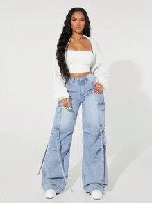 SHEIN SXY Jeans casuales con bolsillos, cierre con botones y cordón para mujer