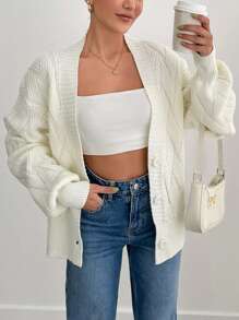 EURMUSE Áo len cardigan dệt kim màu trắng rộng rãi, dài tay, cổ chữ V, thời trang thu đông cho nữ - trắng - Xem 6