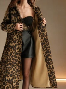 Anewsta Retro European & American Leopard Print Long Sleeve Slim Fit Trench Coat Overcoat - Multicolor - View 8