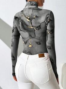 SHEIN Essnce 1 件女士大理石印花高领长袖修身紧身衣 - 黑色 - 查看 2