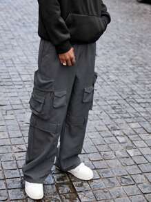 PAVTROS Pantalones cargo de pierna ancha recta y suelta con bolsillos multiusos casuales para hombres Manfinity Streetrush, regalo para novio - Gris Oscuro - Ver 1