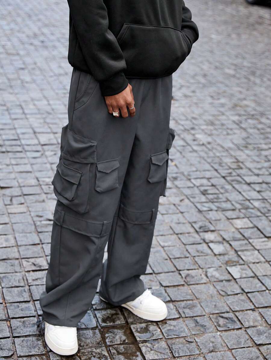 PAVTROS Pantalones cargo de pierna ancha recta y suelta con bolsillos multiusos casuales para hombres Manfinity Streetrush, regalo para novio - Gris Oscuro - Ver 1