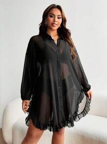 Swim Lushoire 大码女式荷叶边领扣衬衫款式和服夏季