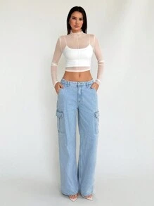 SHEIN Tall 長袖網紗透視短版性感上衣，適合高個女性 - 白色 - 查看 5
