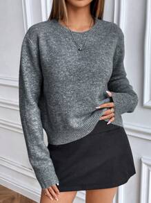 SHEIN Unity Áo len dệt kim cổ tròn tay dài màu trơn Slouchy Áo len chui đầu thu đông - Màu xám đen - Xem 5