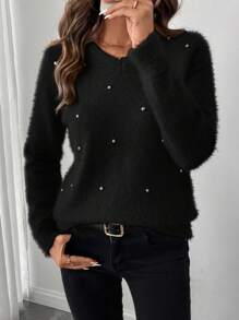 SHEIN LUNE Suéter de punto esponjoso decorado con strass, casual para otoño/invierno