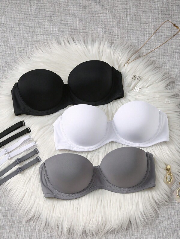 Shein Underwear&Sleepwear Basics 3pcs Set Women's Solid Color Minimalist Leisure Bras With Steel Rings