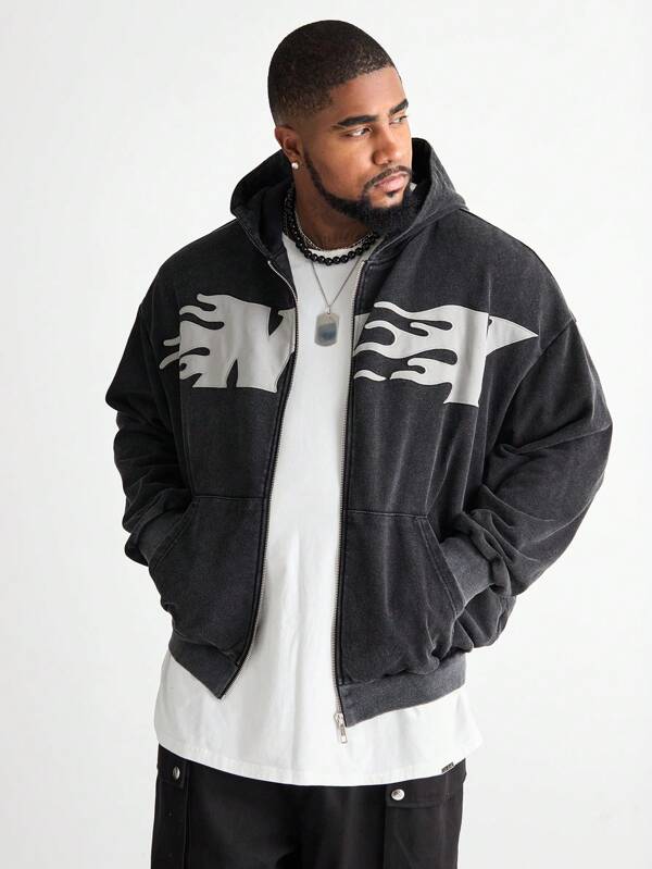 Manfinity VCAY Sudadera con capucha y cremallera con estampado de copos de nieve y letras para hombres talla grande