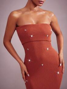 Hauture Vestido Tubinho Elegante de Sweater com Strass para Mulheres - Chocolate - Visão 2