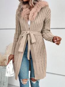 SHEIN LUNE 女士纯色简约日常长袖羊毛连帽开衫 - 卡其色 - 查看 1