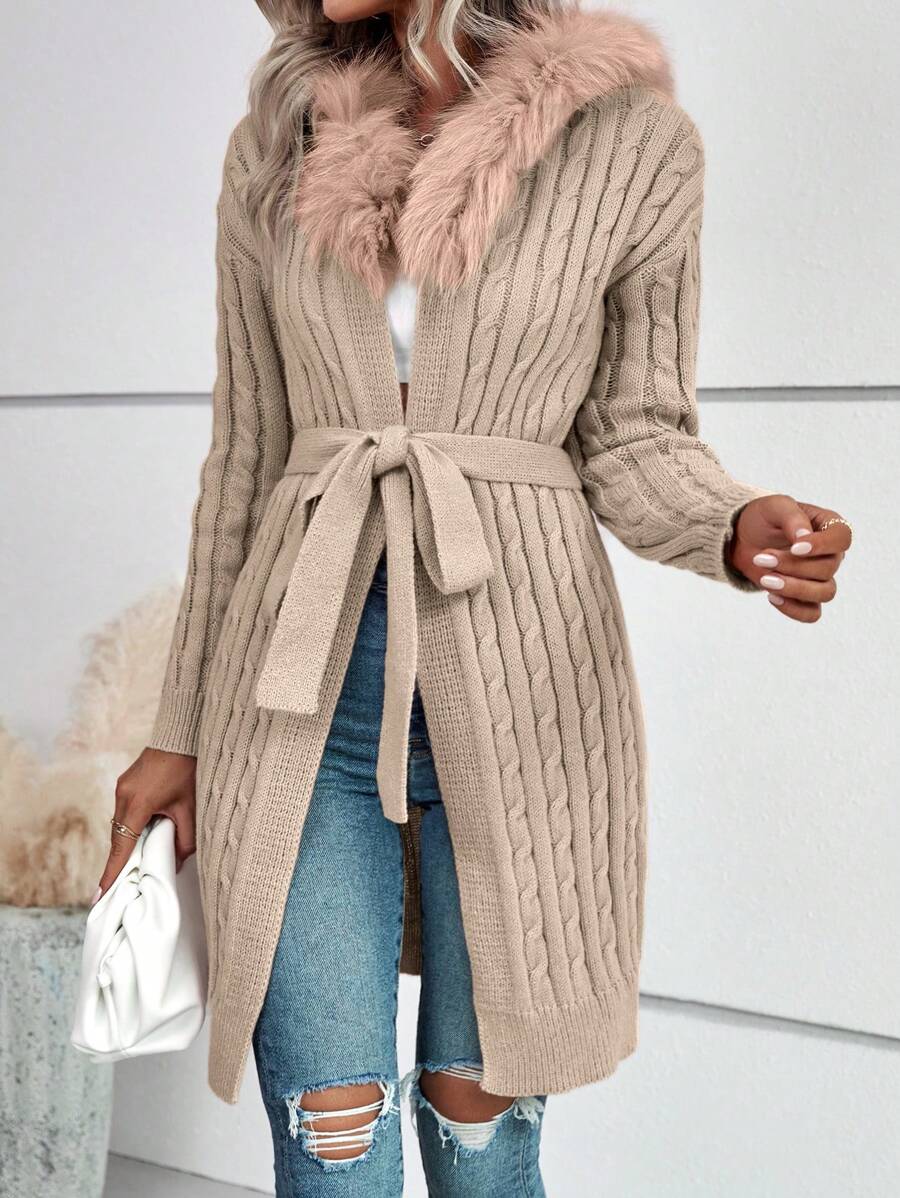 SHEIN LUNE 女士纯色简约日常长袖羊毛连帽开衫 - 卡其色 - 查看 1