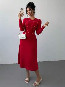 Calvaya Vestido de suéter tejido con tachuelas rojas, moda minimalista casual para uso diario