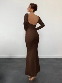 Aloruh 女式新款针织纹理纯色紧身喇叭形长袖露背连衣裙，秋冬款