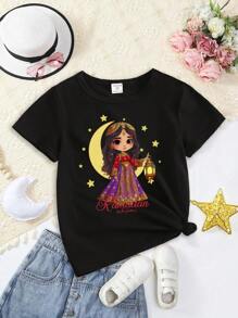SHEIN Áo thun tay ngắn cổ tròn in họa tiết thời trang thường ngày cho bé gái theo đạo Hồi Ramadan Mubarak, Quần áo cho bé gái theo đạo Hồi - màu đen - Xem 4