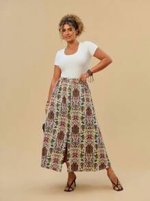 SHEIN VCAY Váy xẻ tà trước Jacquard cổ điển cỡ lớn, trang phục nghỉ dưỡng - Nhiều màu - Xem 4