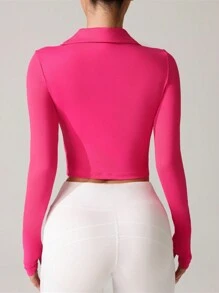 SHEIN Sovereign Charm Casual Solid Color Slim Fit Cropped Sports Polo Shirt - Hot Pink - View 2