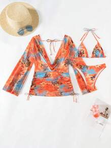 3pcs/Set Random Print Halter Neck Triangle Bikini Set With Long Sleeve Cover Up, Elegant & Sexy Summer - Multicolor - View 4