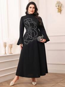 Modelyn Plus Size Women's Elegant Arabic Rhinestone Floral Print Stand Collar Flare Sleeve Dress Long Evening Dresses - Black - View 2